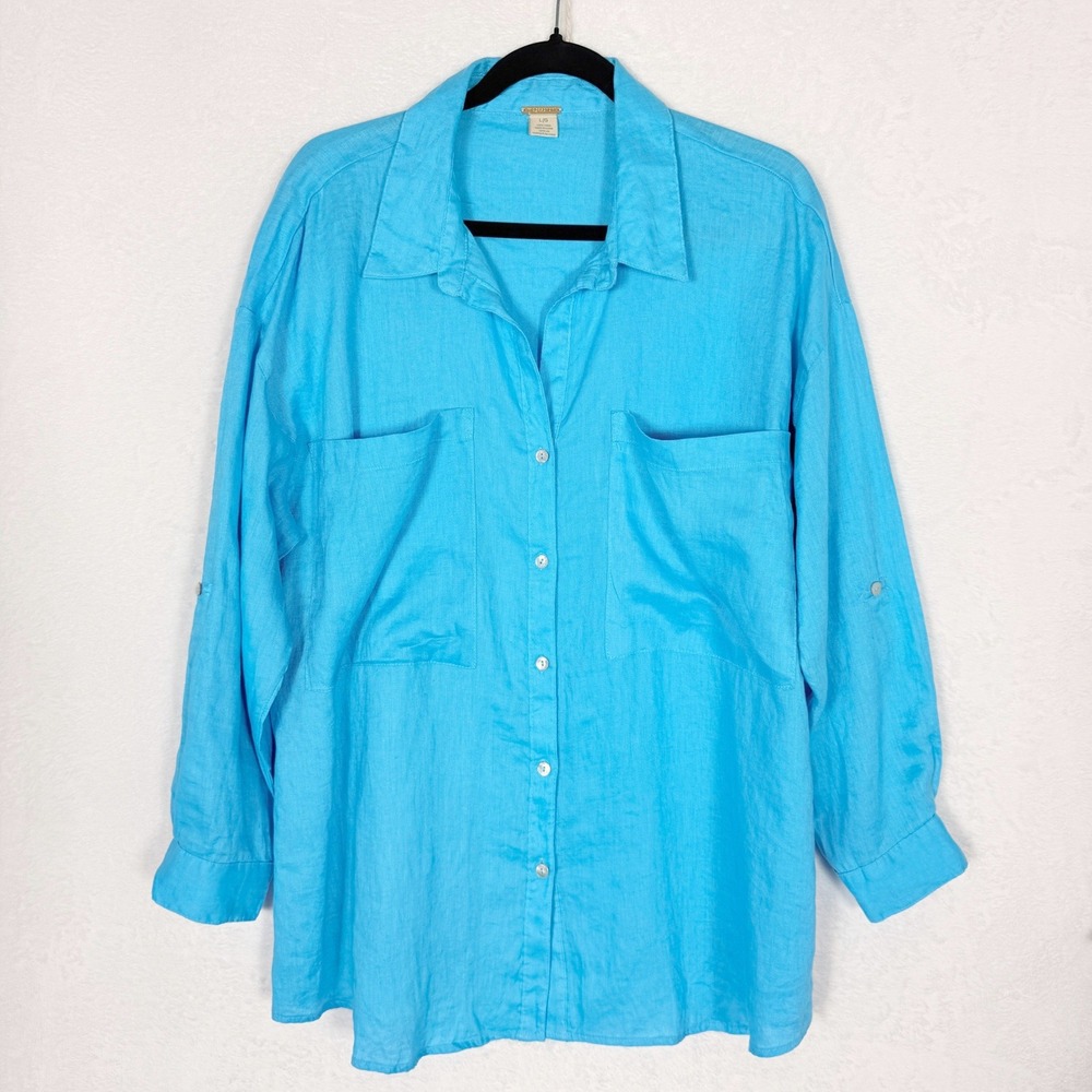 Magaschoni Womens 100% Linen Button Down Shirt Turquoise Blue Roll Tab Large - Picture 2 of 6
